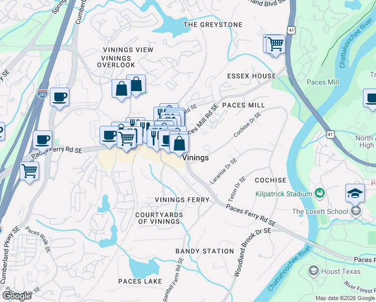 map of restaurants, bars, coffee shops, grocery stores, and more near in Vinings