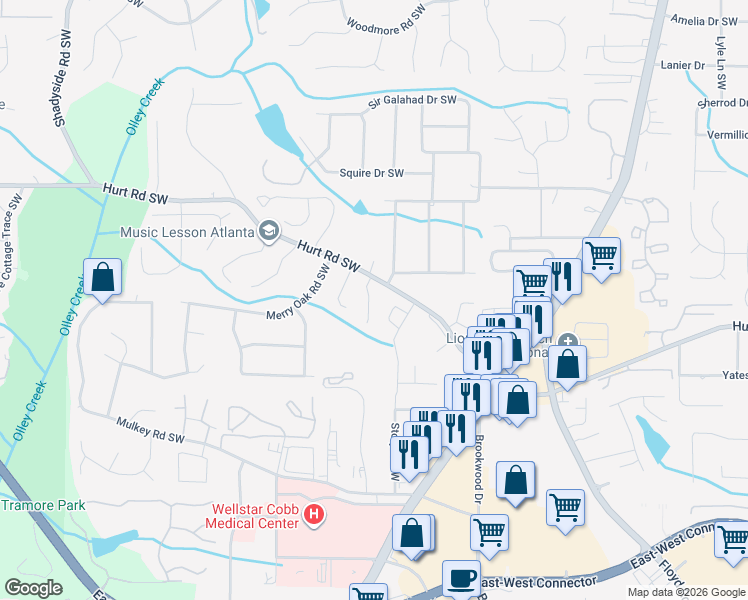 map of restaurants, bars, coffee shops, grocery stores, and more near 3603 Janna Lane Southwest in Marietta