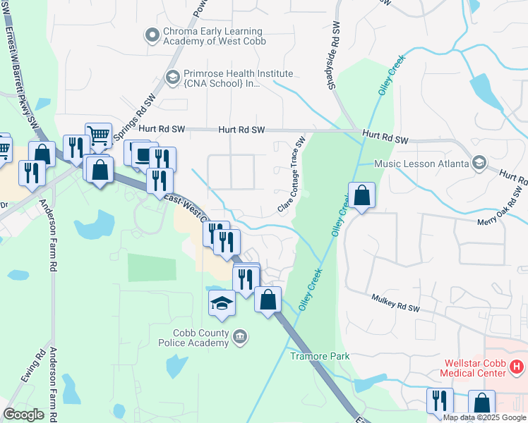 map of restaurants, bars, coffee shops, grocery stores, and more near 2344 Glencairn Lane Southwest in Marietta