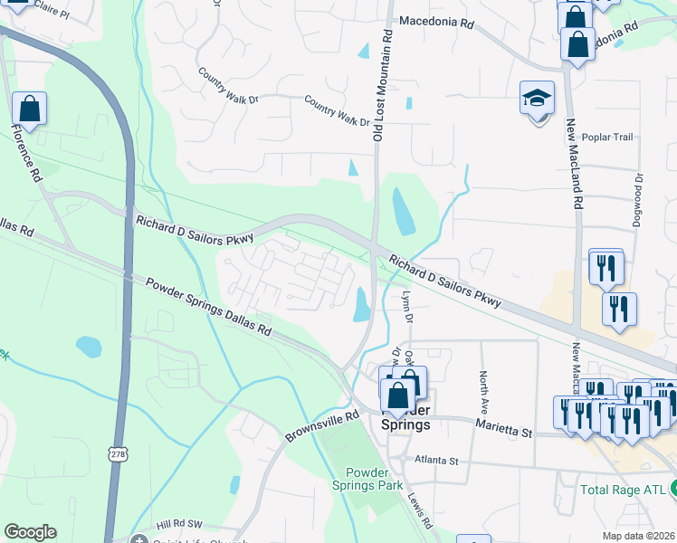 map of restaurants, bars, coffee shops, grocery stores, and more near Flowering Branch in Powder Springs