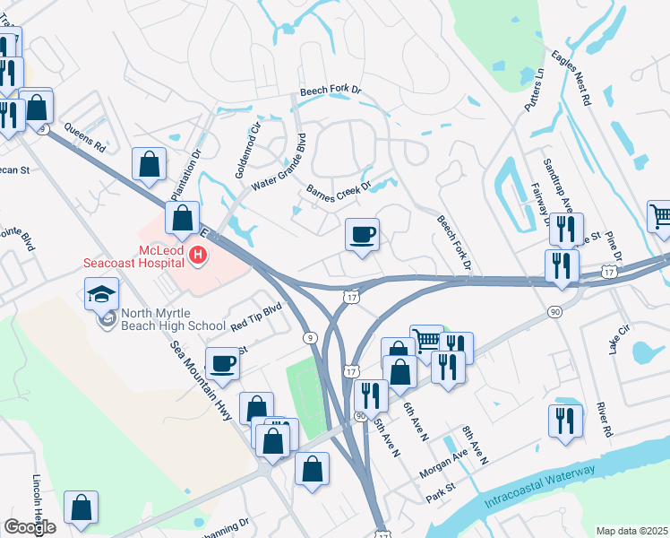 map of restaurants, bars, coffee shops, grocery stores, and more near 4273 Villas Drive in Little River