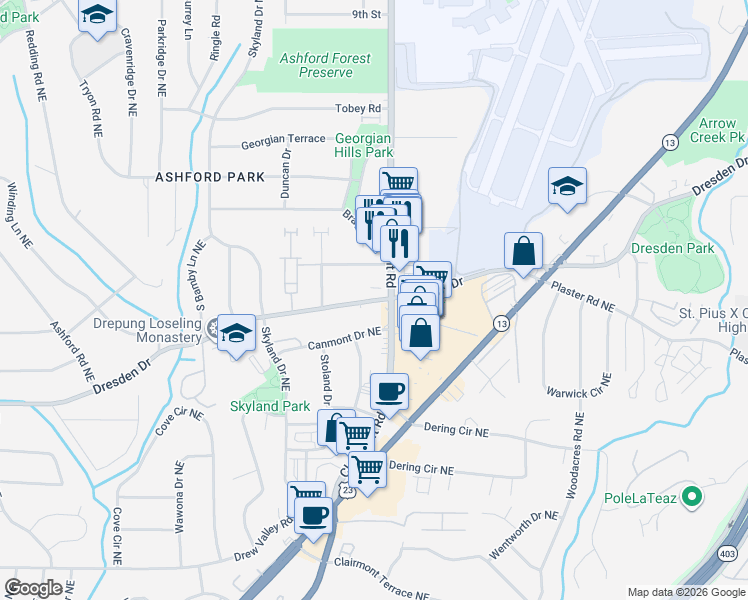 map of restaurants, bars, coffee shops, grocery stores, and more near 1951 Dresden Drive in Atlanta
