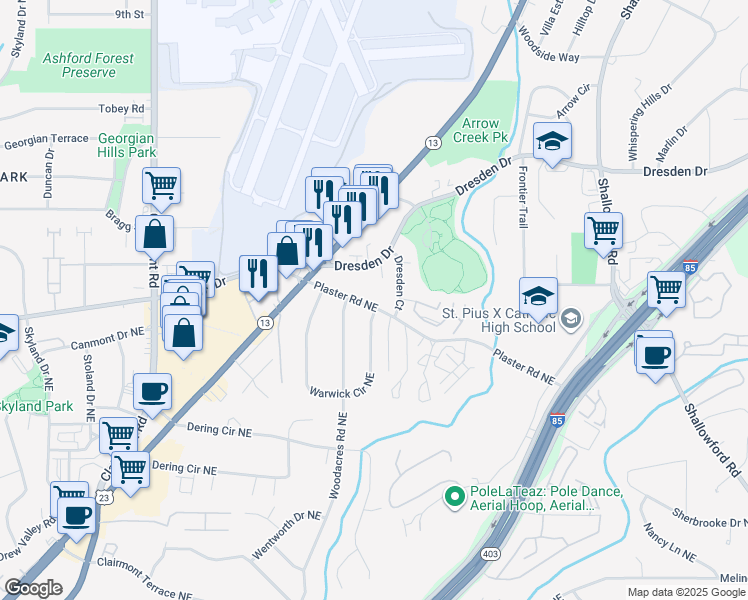map of restaurants, bars, coffee shops, grocery stores, and more near 2168 Plaster Road Northeast in Atlanta