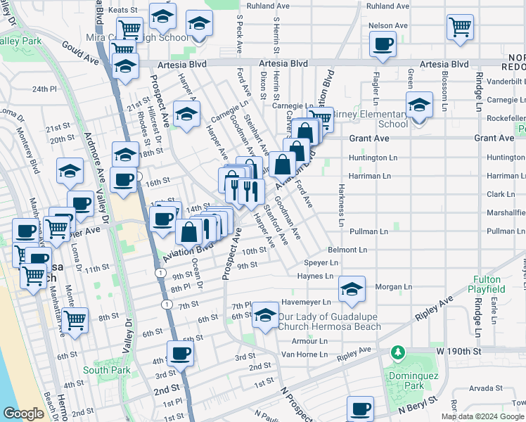 map of restaurants, bars, coffee shops, grocery stores, and more near 1309 Clark Lane in Redondo Beach