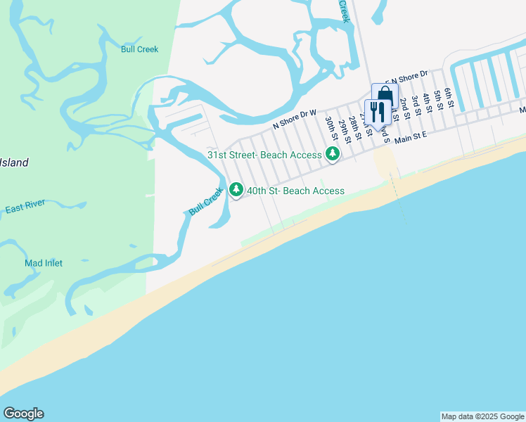 map of restaurants, bars, coffee shops, grocery stores, and more near 1201 West Main Street in Sunset Beach