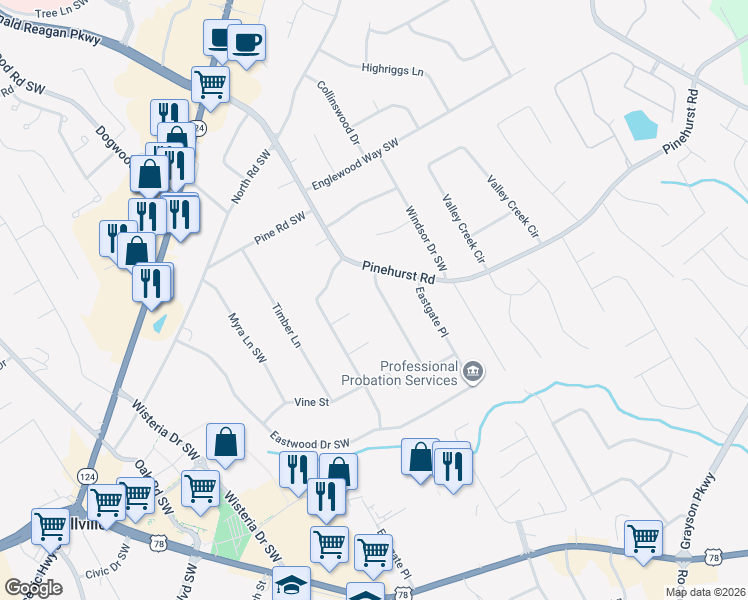map of restaurants, bars, coffee shops, grocery stores, and more near 2221 Kimberley Way Southwest in Snellville