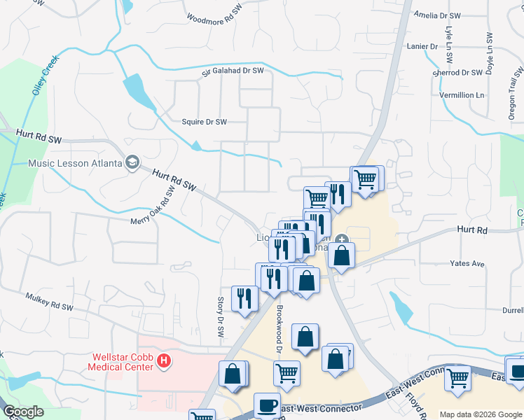 map of restaurants, bars, coffee shops, grocery stores, and more near 3664 Heritage Ridge Lane in Marietta
