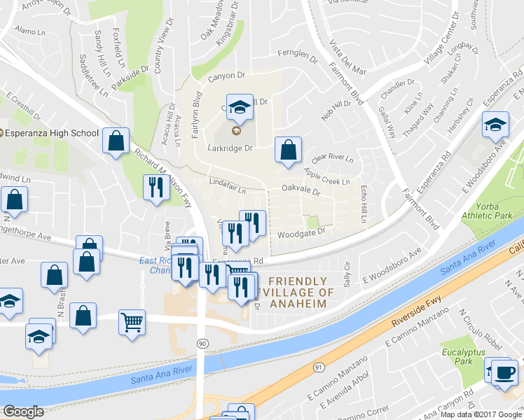 map of restaurants, bars, coffee shops, grocery stores, and more near 6723 Palamino Circle in Yorba Linda