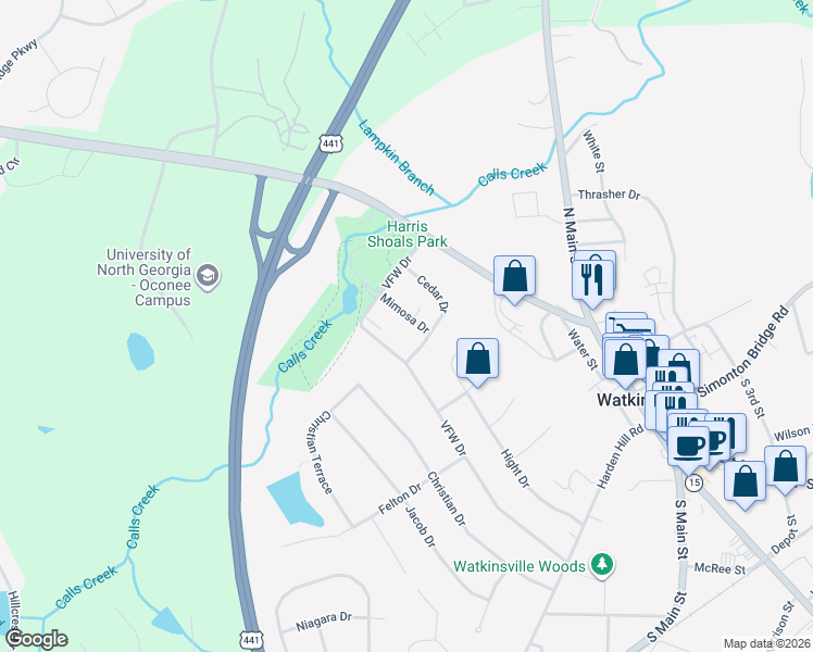 map of restaurants, bars, coffee shops, grocery stores, and more near 87 Mimosa Drive in Watkinsville