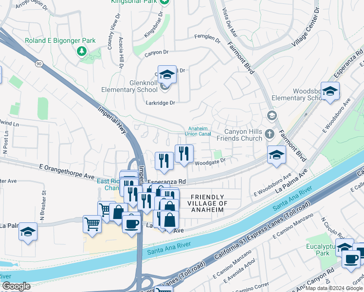 map of restaurants, bars, coffee shops, grocery stores, and more near 6723 Palamino Circle in Yorba Linda