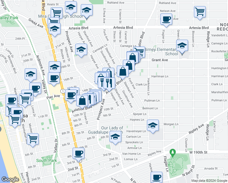map of restaurants, bars, coffee shops, grocery stores, and more near 1309 Clark Lane in Redondo Beach