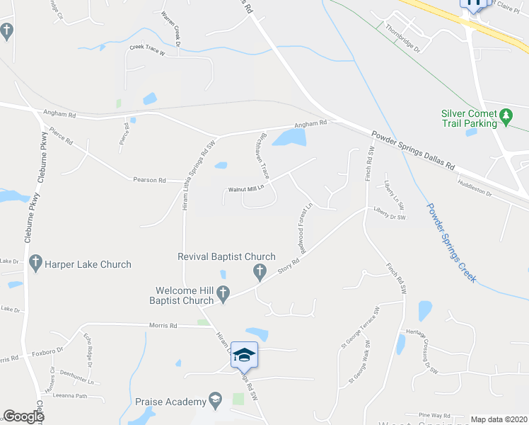 map of restaurants, bars, coffee shops, grocery stores, and more near 3261 Birchhaven Trace in Powder Springs