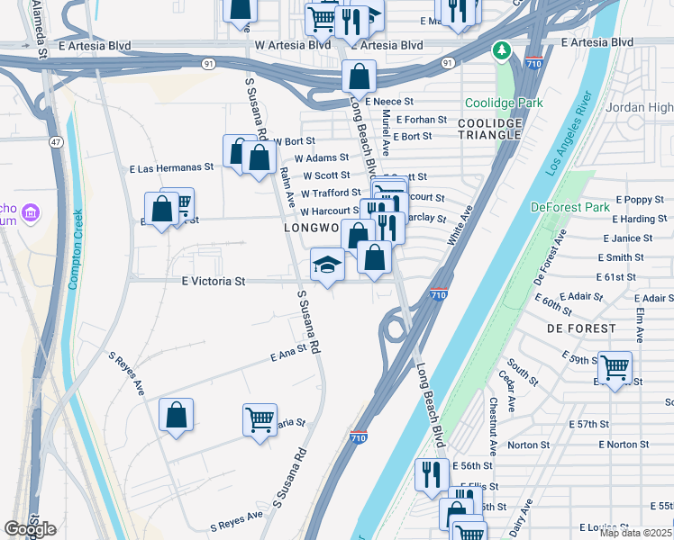 map of restaurants, bars, coffee shops, grocery stores, and more near 153 West Victoria Street in Long Beach