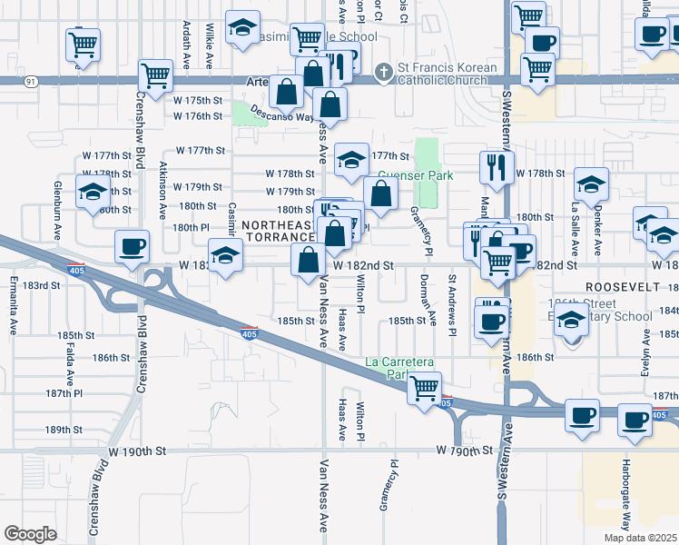 map of restaurants, bars, coffee shops, grocery stores, and more near 2126 West 182nd Street in Torrance