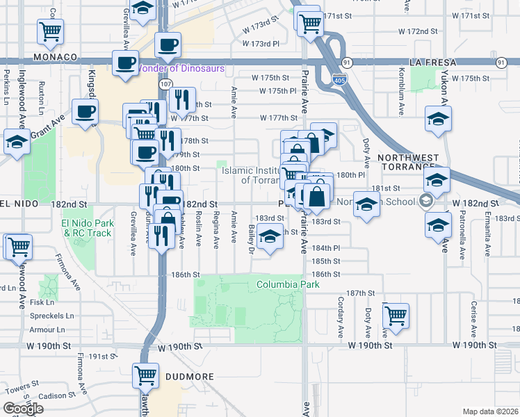 map of restaurants, bars, coffee shops, grocery stores, and more near 4114 West 182nd Street in Torrance