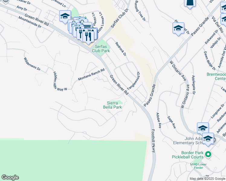 map of restaurants, bars, coffee shops, grocery stores, and more near 2320 Del Mar Way in Corona
