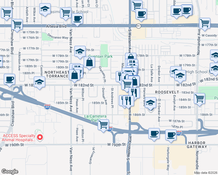 map of restaurants, bars, coffee shops, grocery stores, and more near 1924 West 182nd Street in Torrance