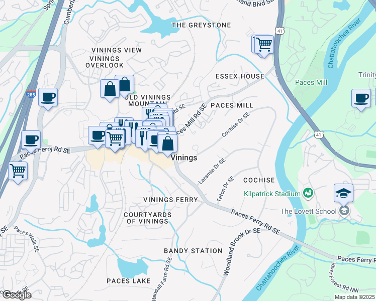 map of restaurants, bars, coffee shops, grocery stores, and more near 3221 Circle Oaks Drive Southeast in Atlanta