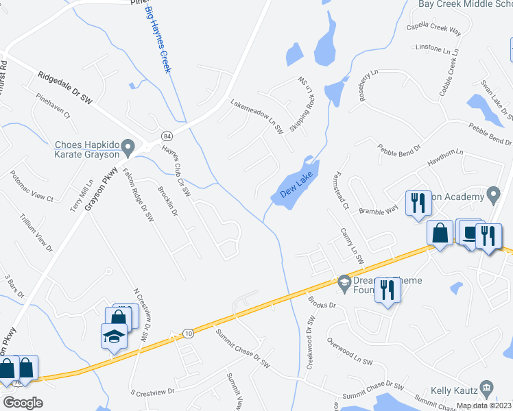 map of restaurants, bars, coffee shops, grocery stores, and more near 2672 Haynes Meadow Court Southwest in Grayson