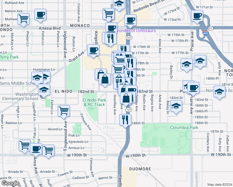 map of restaurants, bars, coffee shops, grocery stores, and more near 4450 182nd Street in Redondo Beach