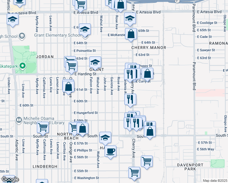 map of restaurants, bars, coffee shops, grocery stores, and more near 6062 Gaviota Avenue in Long Beach