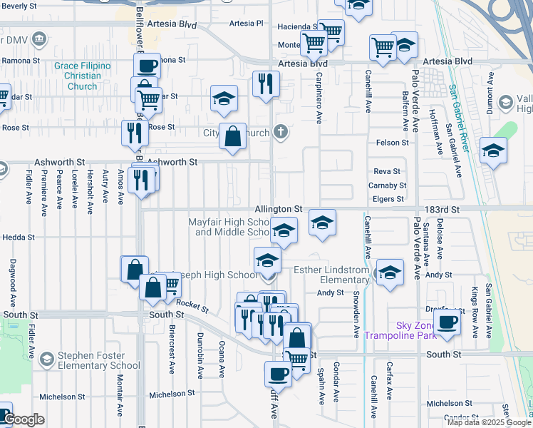 map of restaurants, bars, coffee shops, grocery stores, and more near 6045 Woodruff Avenue in Lakewood