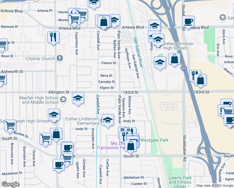 map of restaurants, bars, coffee shops, grocery stores, and more near 6335 La Jara Street in Lakewood