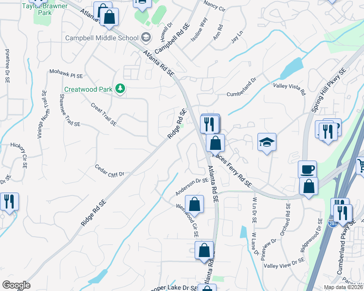 map of restaurants, bars, coffee shops, grocery stores, and more near 3617 Carson Lane Southeast in Smyrna