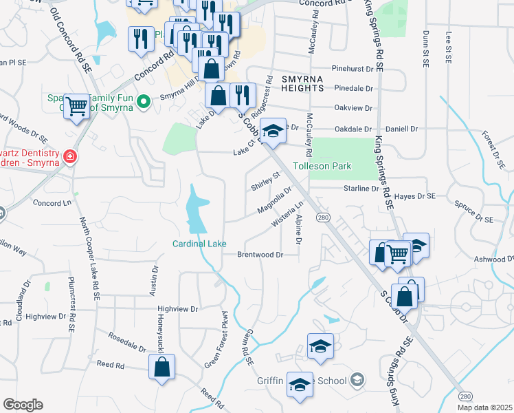 map of restaurants, bars, coffee shops, grocery stores, and more near 951 Magnolia Drive in Smyrna