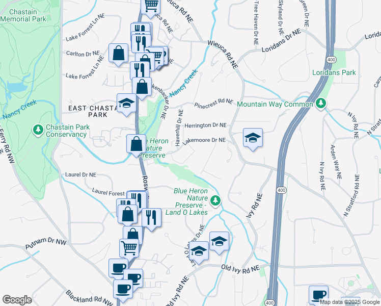 map of restaurants, bars, coffee shops, grocery stores, and more near 319 Lakemoore Drive Northeast in Atlanta