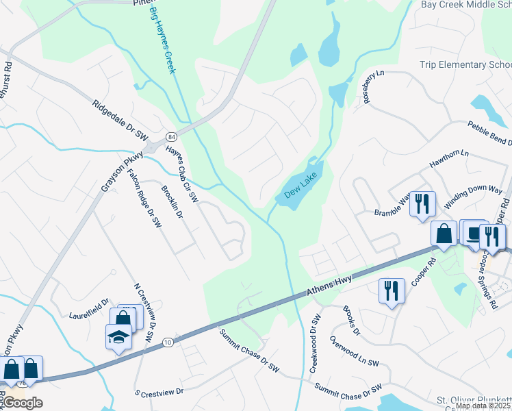 map of restaurants, bars, coffee shops, grocery stores, and more near 2673 Haynes Meadow Trail Southwest in Grayson