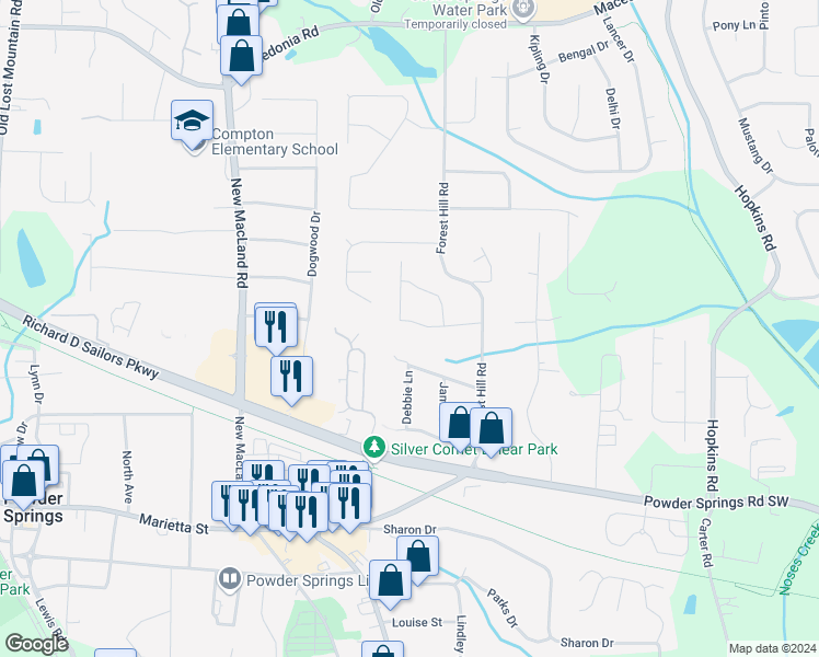 map of restaurants, bars, coffee shops, grocery stores, and more near 3937 Buck Road in Powder Springs