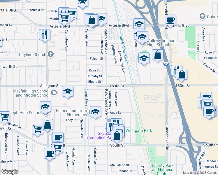 map of restaurants, bars, coffee shops, grocery stores, and more near 6335 La Jara Street in Lakewood