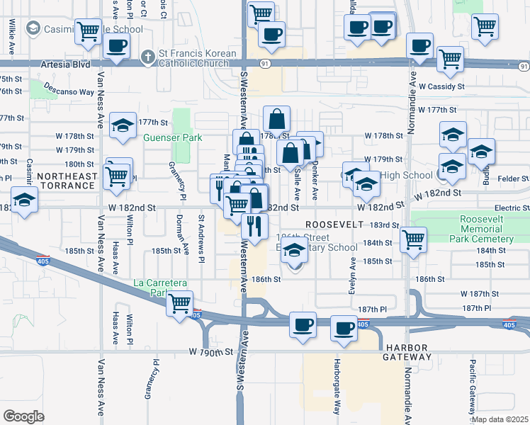 map of restaurants, bars, coffee shops, grocery stores, and more near 1656 West 182nd Street in Gardena