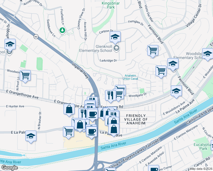 map of restaurants, bars, coffee shops, grocery stores, and more near 6703 Moselle Circle in Yorba Linda