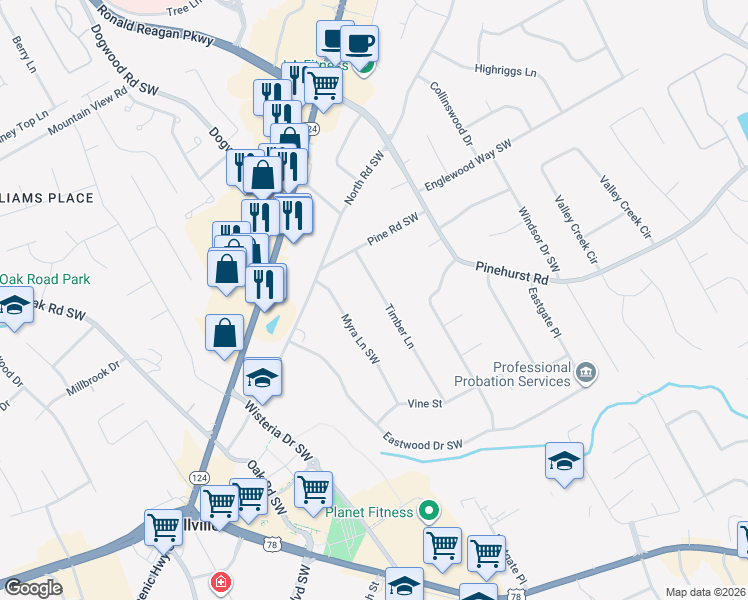 map of restaurants, bars, coffee shops, grocery stores, and more near 2163 Timber Lane in Snellville