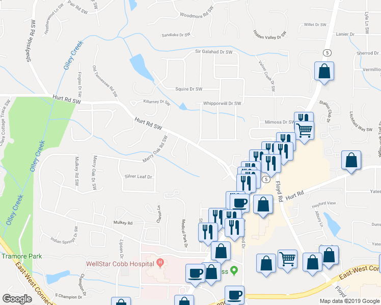 map of restaurants, bars, coffee shops, grocery stores, and more near 3603 Janna Lane Southwest in Marietta