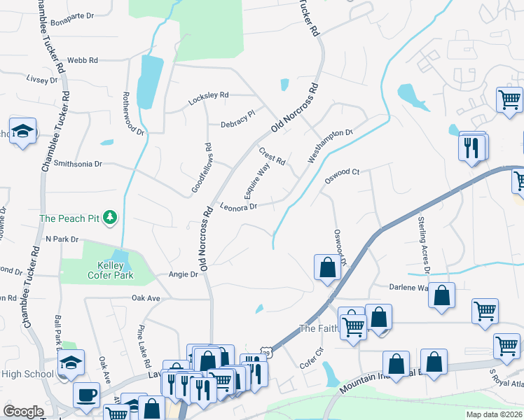 map of restaurants, bars, coffee shops, grocery stores, and more near 4497 Leonora Drive in Tucker