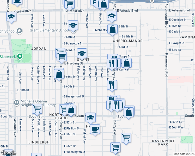 map of restaurants, bars, coffee shops, grocery stores, and more near 6062 Gaviota Avenue in Long Beach