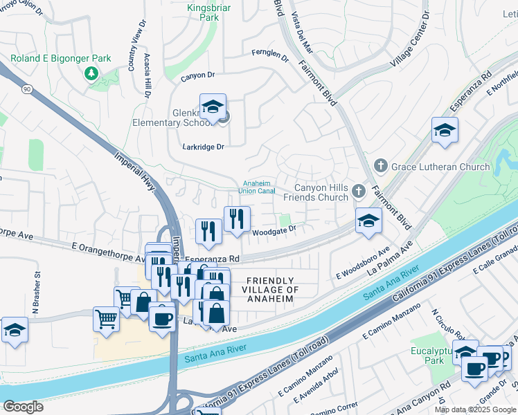 map of restaurants, bars, coffee shops, grocery stores, and more near 20051 Pineville Court in Yorba Linda