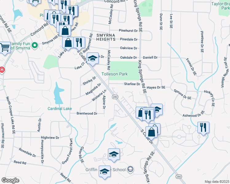 map of restaurants, bars, coffee shops, grocery stores, and more near 103 Gentilly Close in Smyrna