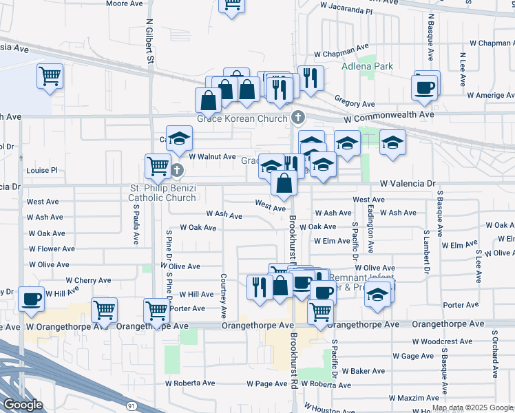 map of restaurants, bars, coffee shops, grocery stores, and more near 1860 West Avenue in Fullerton