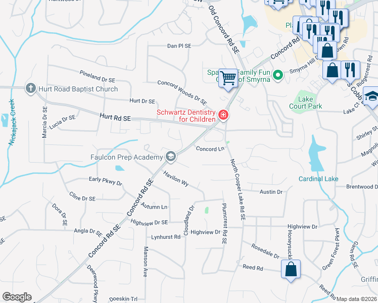 map of restaurants, bars, coffee shops, grocery stores, and more near 1099 Berkley Drive Southeast in Smyrna