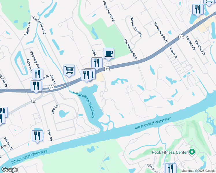 map of restaurants, bars, coffee shops, grocery stores, and more near 4215 Coquina Harbour Drive in Little River