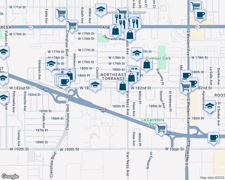 map of restaurants, bars, coffee shops, grocery stores, and more near 18202 Purche Avenue in Torrance