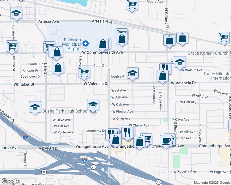 map of restaurants, bars, coffee shops, grocery stores, and more near 3620 West Avenue in Fullerton