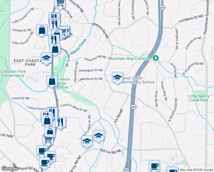 map of restaurants, bars, coffee shops, grocery stores, and more near 4036 Stephens Mill Run Northeast in Atlanta
