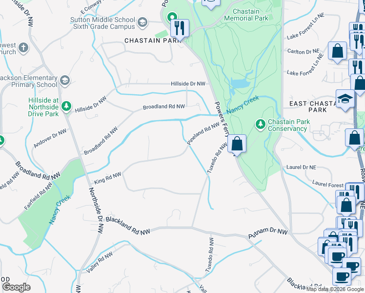 map of restaurants, bars, coffee shops, grocery stores, and more near 259 Pineland Road Northwest in Atlanta