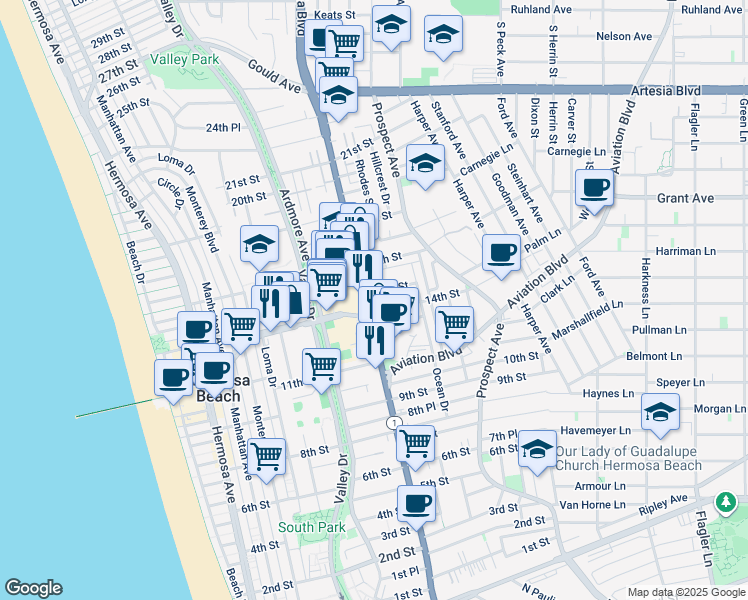 map of restaurants, bars, coffee shops, grocery stores, and more near 1439 Pacific Coast Highway in Hermosa Beach