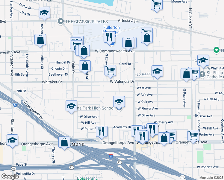 map of restaurants, bars, coffee shops, grocery stores, and more near 3951 Franklin Avenue in Fullerton